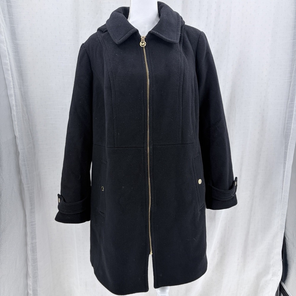 Michael Kors Womens Black Long Sleeve Hooded Full Zip Coat Size 1X